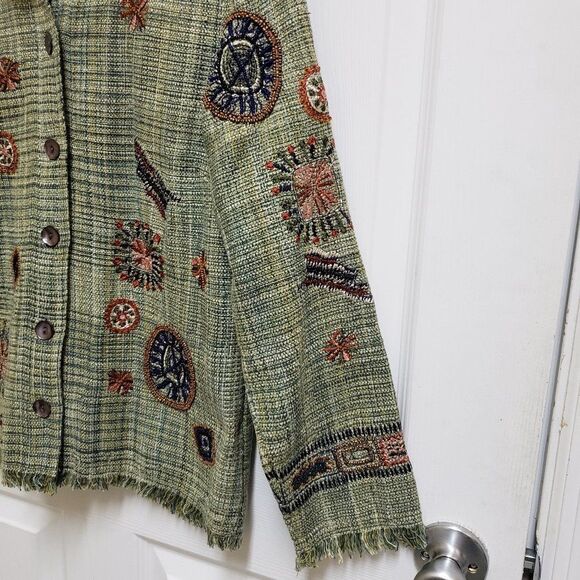 Chico's Blazer Women S Green Plaid Geometric Embellished Button Embroidered Boho - Picture 6 of 14